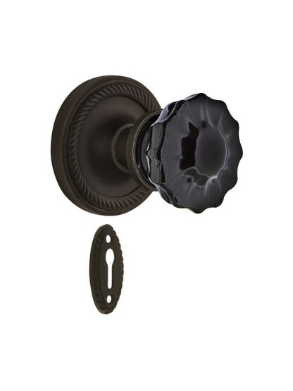 Rope Rosette Mortise Lock Set with Colored Fluted Crystal Glass Knobs Black in Oil-Rubbed Bronze.